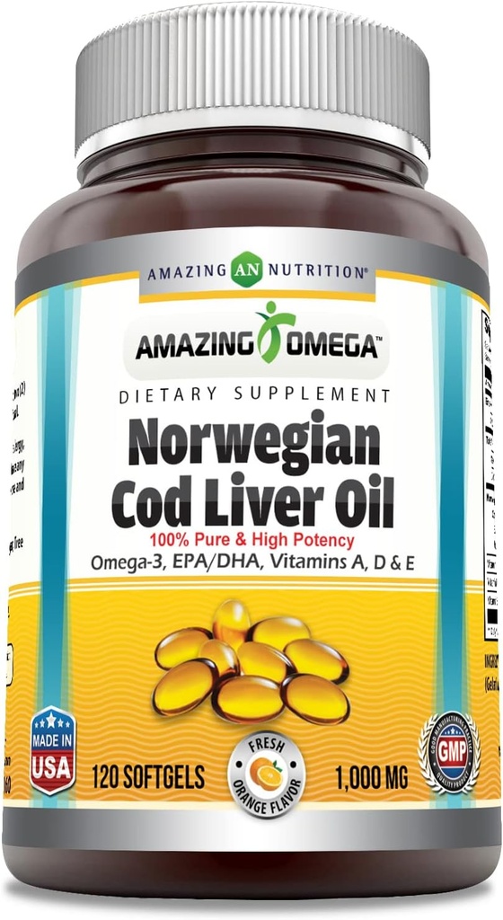 Amazing Omega Norsk Cod Liver Oil (Omega-3, EPA/DHA) Supplement | 1000 Mg Per Serving | 120 Softgels | Orange Flavor | Ikke-GMO | Glutenfri | Laget i USA
