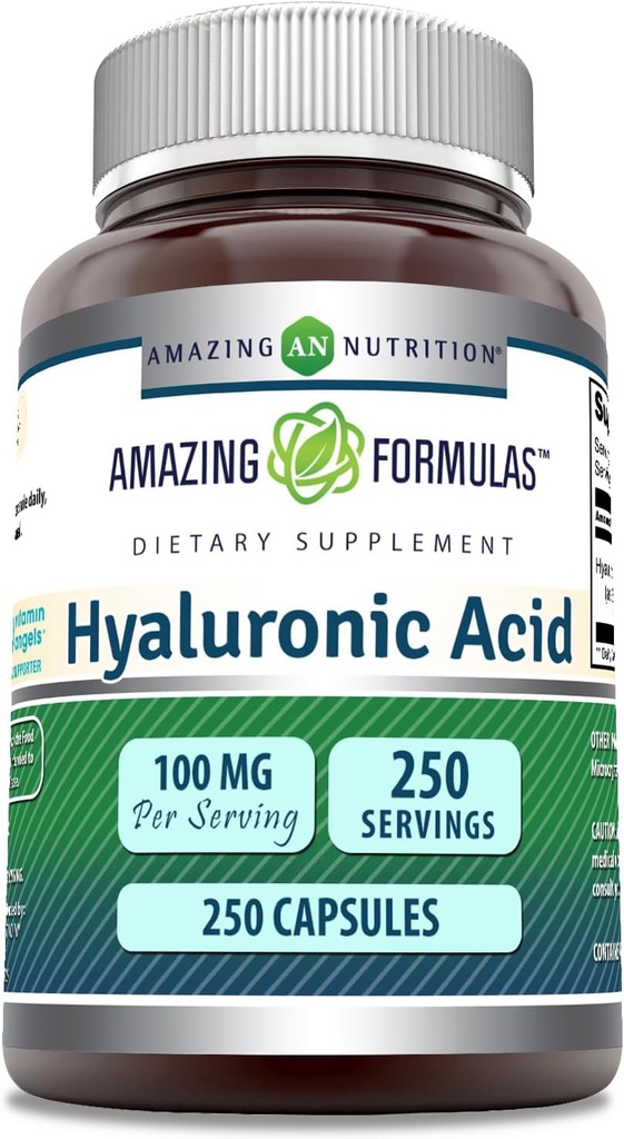 Amazing Formler Hyaluronsyre 100mg 250 kapsler Supplement | Ikke GMO | Glutenfri | Laget i USA