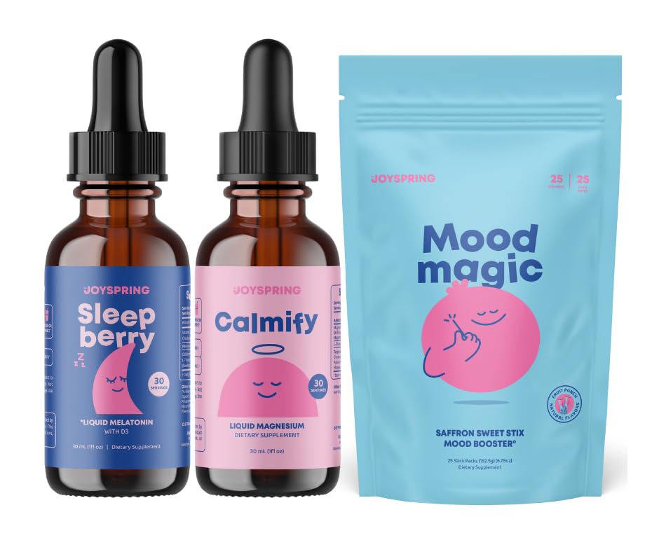 JoySpring SleepBerry flytende Melatonin, Magnesium Citrat & Glycinate Drops, og Mood Saffron Pixie Stick for barn