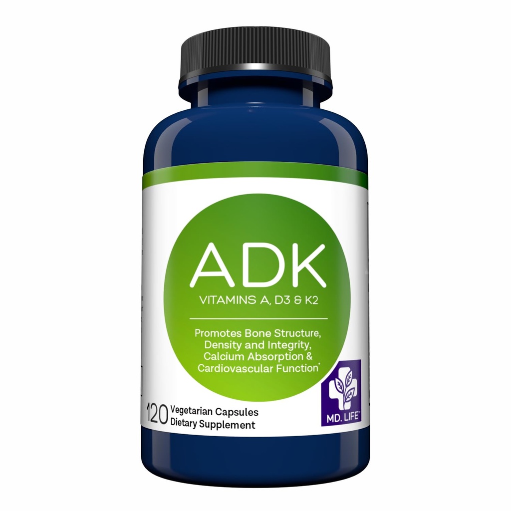 MD.LIFE ADK vitamin Supplement - vitamin D3 K2 og et kompleks - 120 kapsler - høy styrke vitamin ADK for bein og hjerte helse støtte