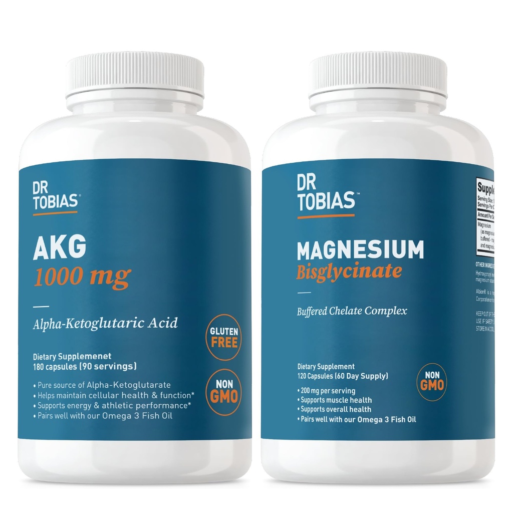 Dr. Tobias AKG Supplement & Magnesium Bisglycinat - Støtte Energinivå, Muskel, Nerve & Bein Helse med høyabsorpsjon Magnesium og Biotilgjengelig AKG, Vegan, Ikke-GMO