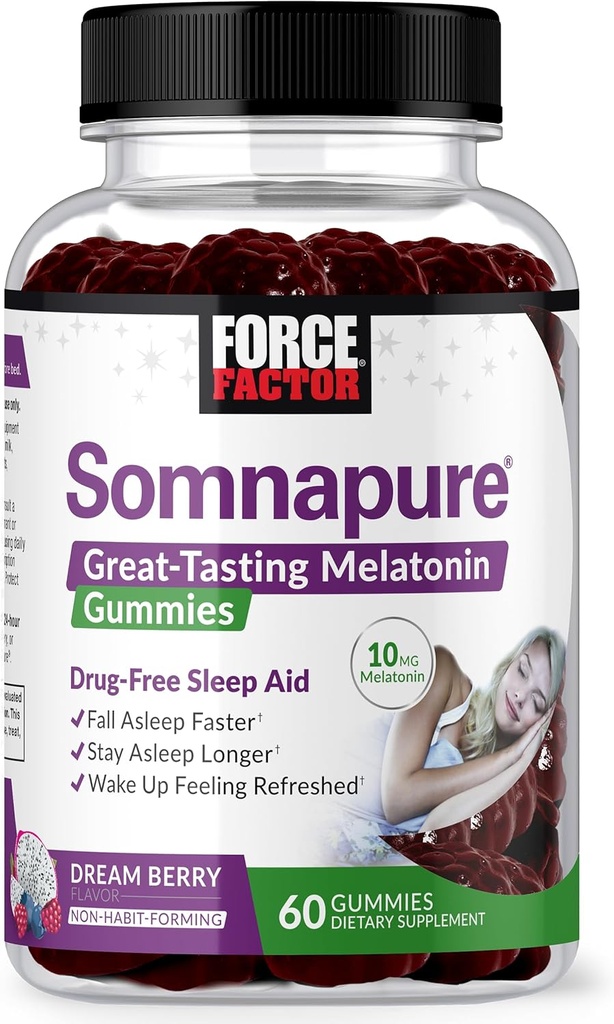 FORCE FACTOR Somnapure Gummies med Melatonin 10 mg for voksne, ikke-habit-forming, naturlig søvnhjelp for dyp søvn, bli sovende lenger, våkne opp forfriskende, Dream Berry Flavor, 60 greve (Pack of 1)