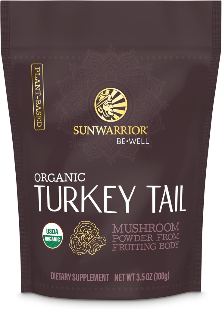Sunwarrior Organic Tyrkia Tail Mushroom pulver | Tyrkia Mushroom Immune Support | Microbiome Gut Helsestøtte | 50 Serveringer 100g Pouch | Be vel