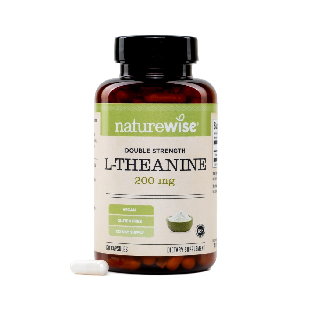 NatureWise dobbel styrke L-Theanine 200mg - Vegan L Theanine Supplement for avslapning + søvnstøtte - NSF sertifisert L-Theanine - Ikke-GMO, USA produsert - 120 kapsler[120 dags levering]