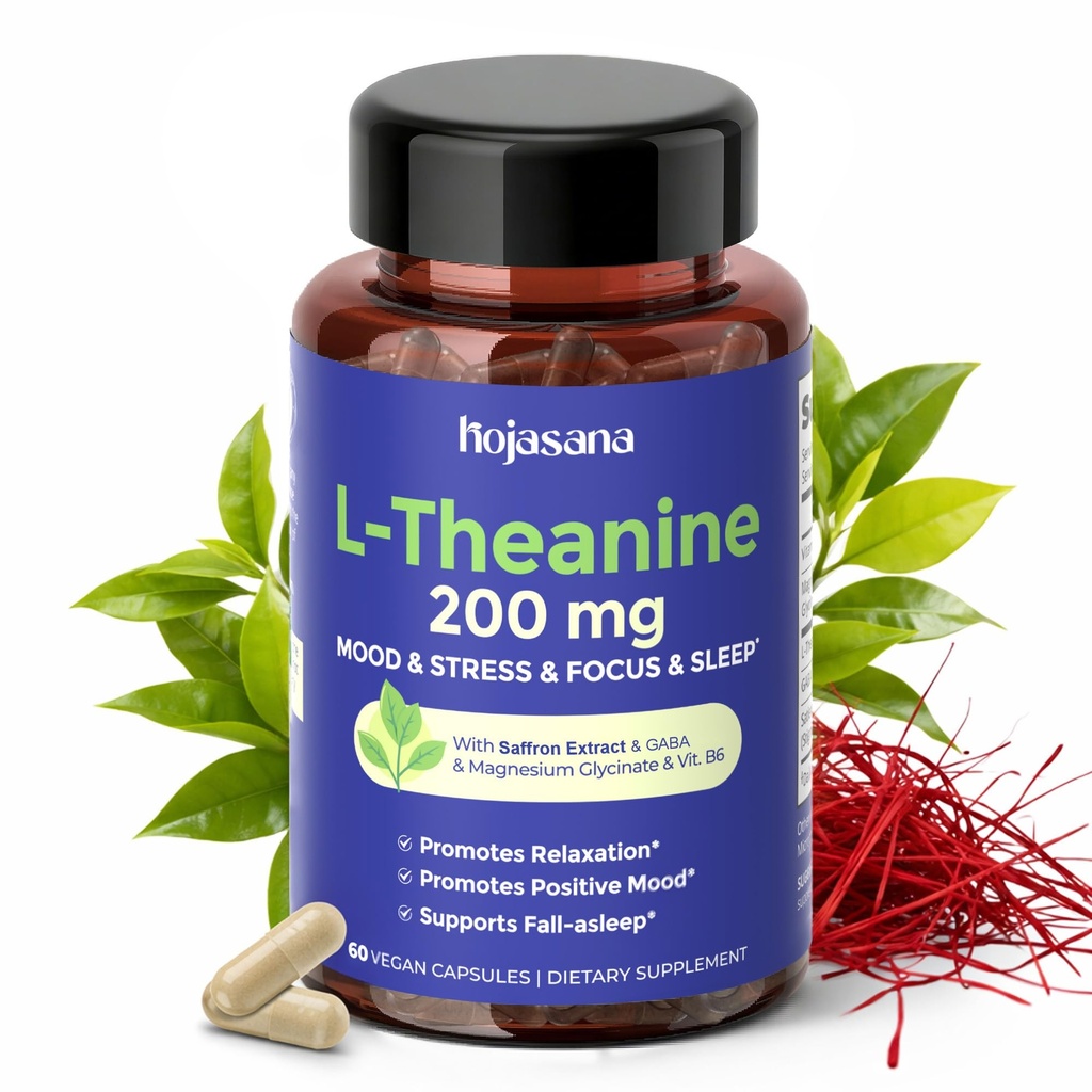 L Theanine 200mg med Saffron, GABA, Magnesium Glycinate & Vitamin B6, L-Theanine Supplement Avansert kompleks formel for Mood Relaxation & Stress Relief & søvn støtte, 60 Vegansk kapsler