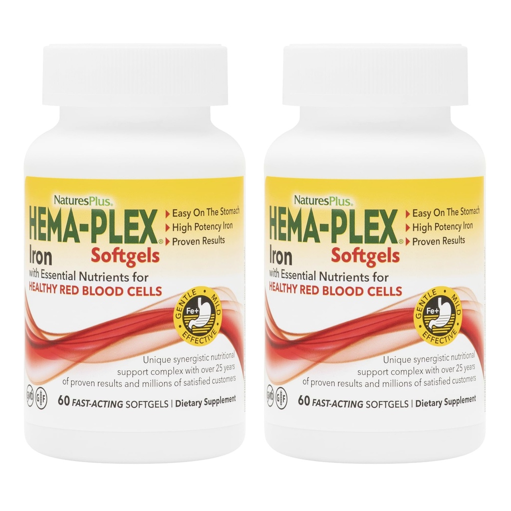 NaturesPlus Hema-Plex jern - 60 Fast-Active Softgels - 2 pakke - 85 mg jern + vitamin C & Bioflavonoids for sunne røde blodceller - Vegan, Glutenfri - 40 Total Services