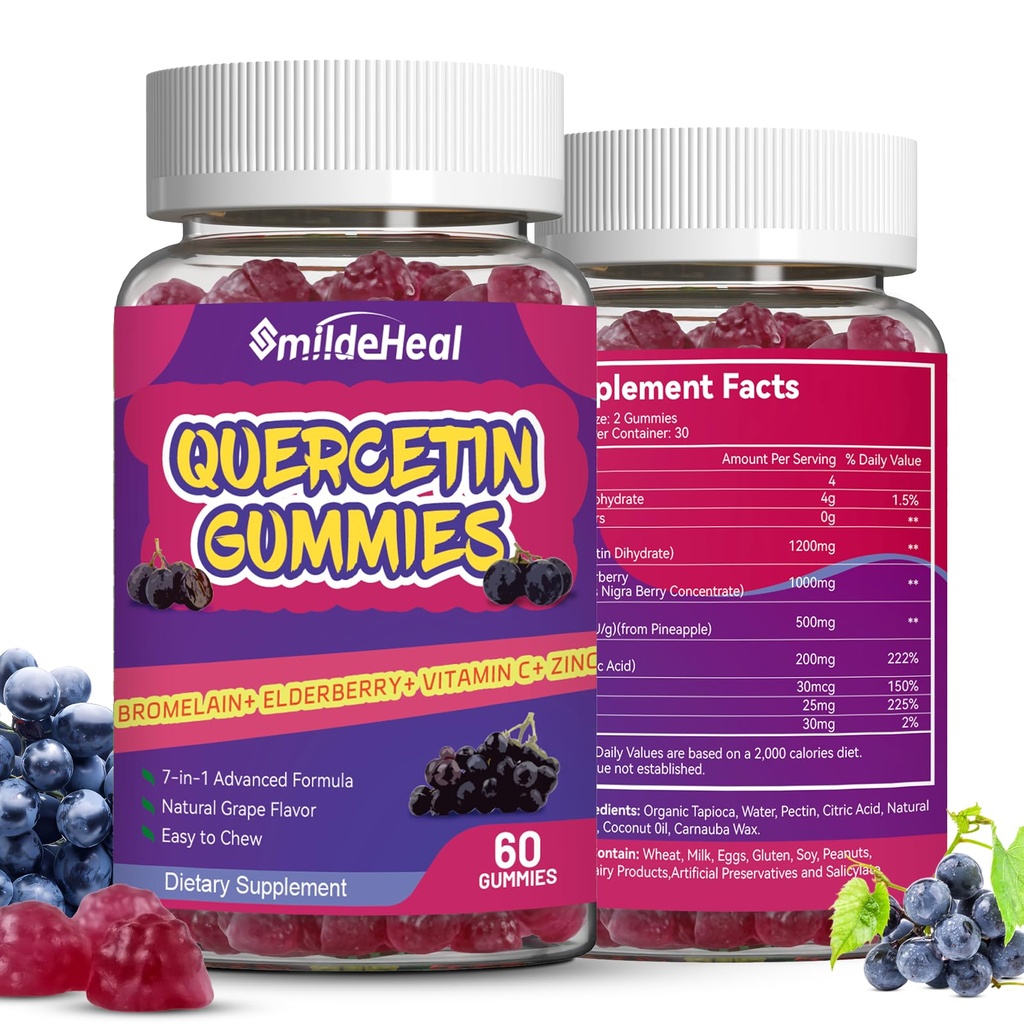 2 Pakke Quercetin Gummies 1200MG, Quercetin Gummies med Bromelain, Sink Vitamin C, Immunsystem Vegan Gummy for voksen & barn, 120 Vegan