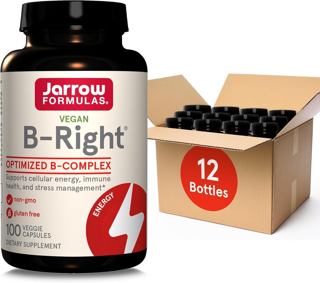 Jarrow Formler B-høyre,Optimisert B-kompleks med Vit B1, B2, B5, B6, B12 og B9 til støtte Cellular Energy, Immune Helse og Stress Management, 100 Veggie Caps, opp til 100 dagers forsyning, Pakke med 12