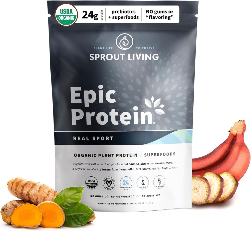 Sprout Living, Epic Protein, Plant Basert Protein & Superfoods pulver, Ekte Sport, 24 Grams Organisk Protein pulver, Recovery, Vegansk, Ikke-GMO, Glutenfri, Lav Sukker (1 pund, 12 Serveringer)