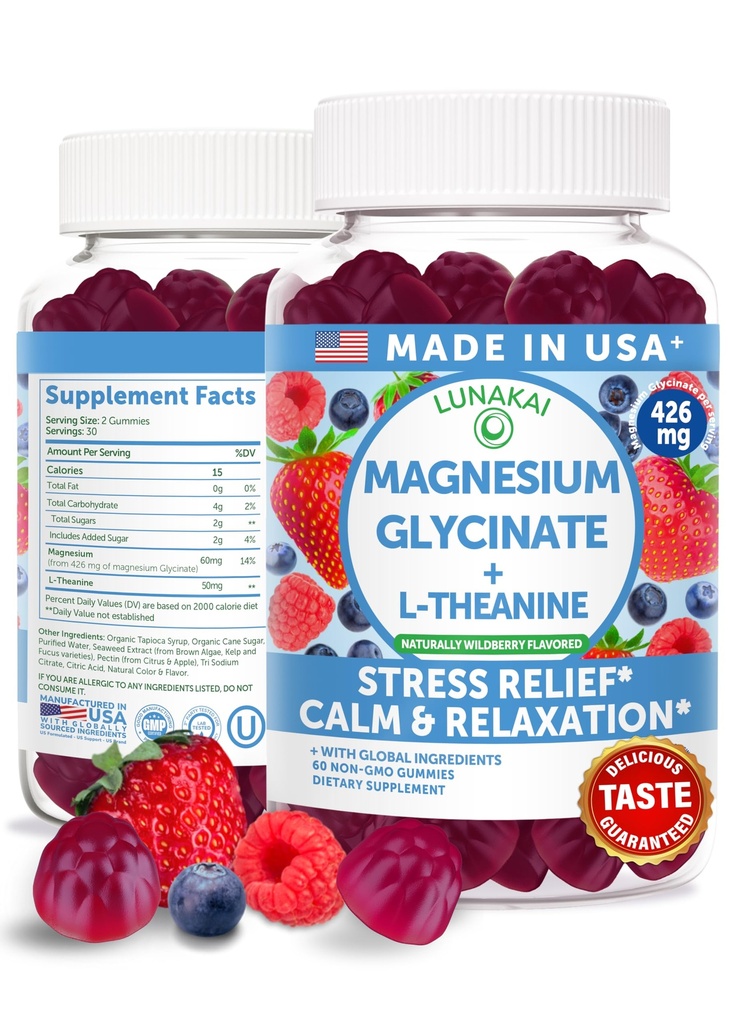 Lunakai USA laget Magnesium Glycinate Gummies 426mg med L-Theanine – rolig, søvn, stress relief for voksne og barn, ikke-GMO, Vegan, 60ct