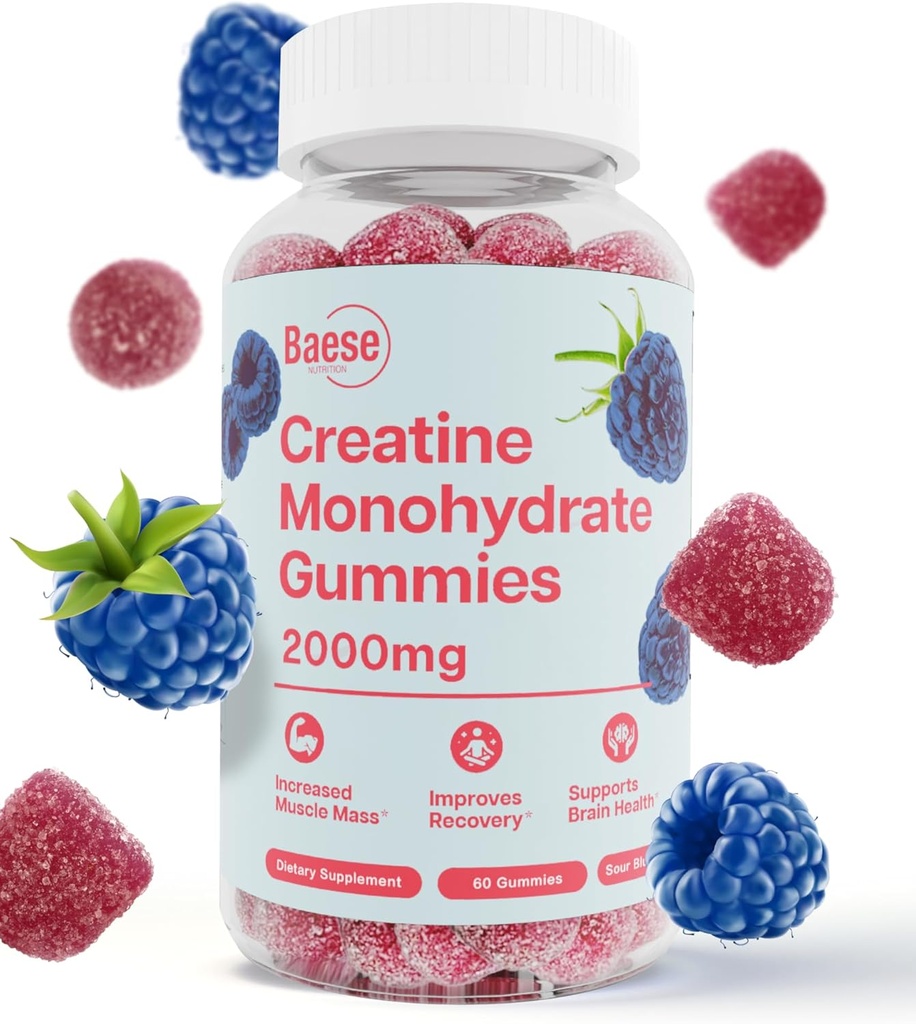 Kreatin Monohydrat Gummies for menn og kvinner - høy renhet Sour Blue Raspberry- Chewable Kreatin Infusert Gummy for muskel styrke og energi øke, Biotilgjengelig Pre-Workout Supplement