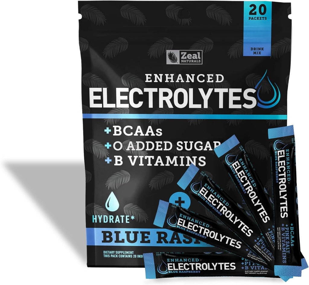 Forbedret Electrolyte Powder Stick-pakker (blå bringebær | 20 pakker) w/ 0 Sukker + BCAA + B-vitaminer Electrolyte Supplement w Kalium Zink & Magnesium for Hydration - Keto Electrolytes