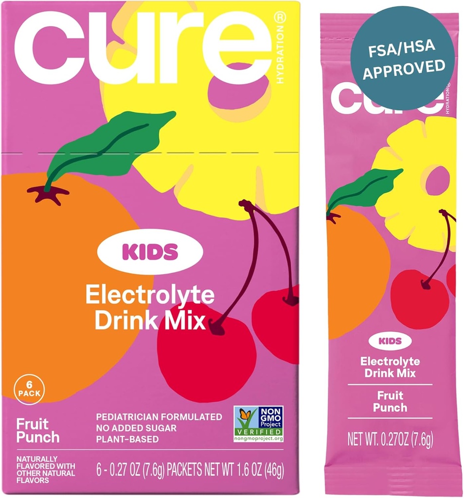 Cure Hydration - Kids Electrolyte Drink Mix | Plantbaserte Pediatrician Formulert Rehydrering | Ingen tilsatt sukker, FSA-HSA, Ikke-GMO, Glutenfri, Ingen kunstige Flavors | Box med 6 Pakninger - Frukt Punch
