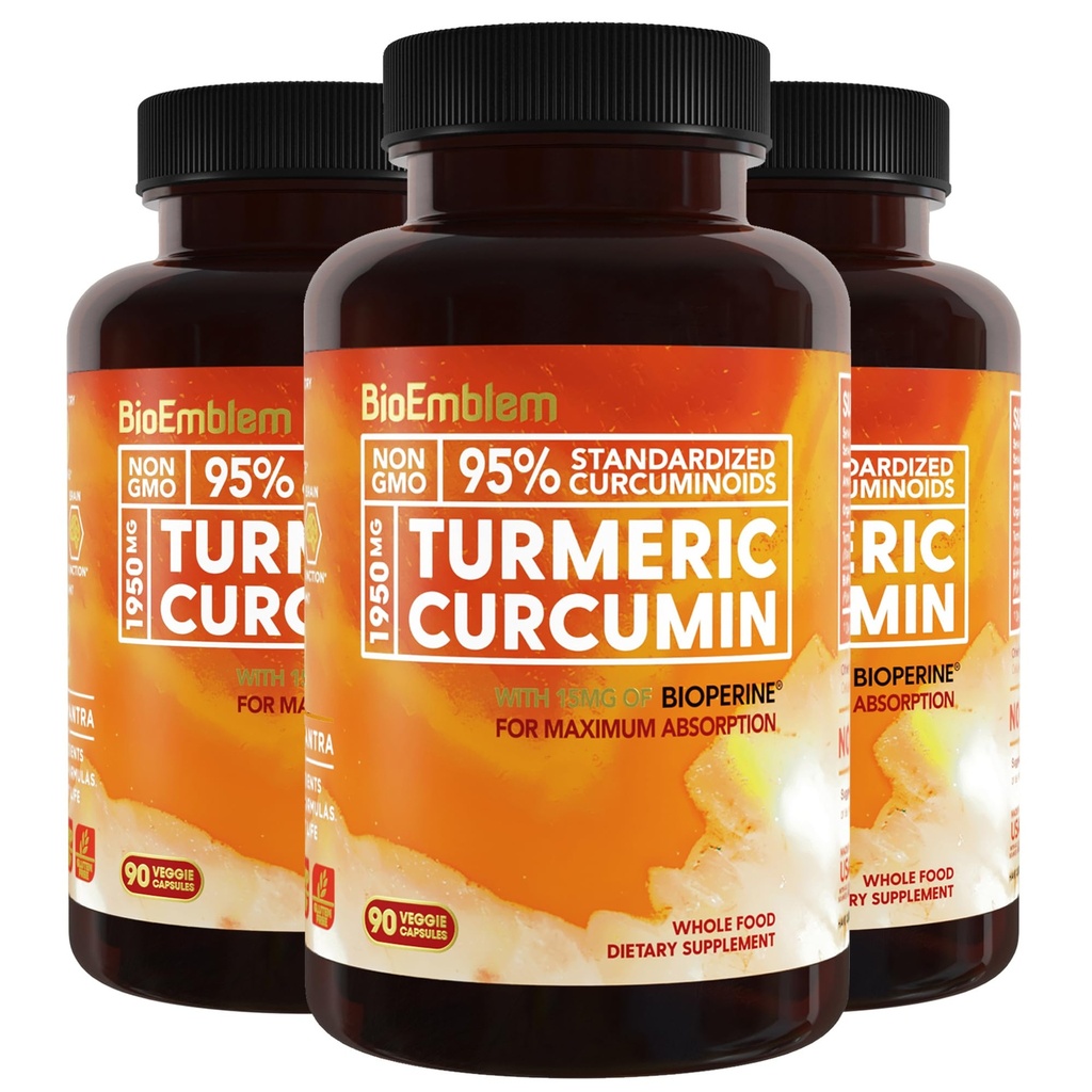 BioEmblem gurkemeie curcumin Supplement med BioPerine | Felles støtte og hjerte helse | med organisk gurkemeie pulver og 95% curcuminoids | California laget, ikke-GMO, 90-dagers forsyning