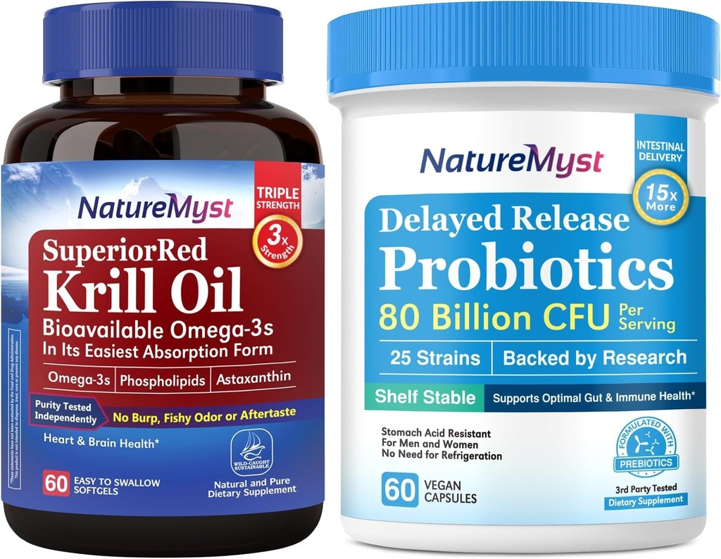 Krill Oil 1000mg og Probiotika Bundle, Omega 3s med DHA EPA & Astaxanthin, Plus 80 milliarder CFU 25 strimler, Gut, hjerte og immunfunksjon, ikke-GMO, laget i USA, 60 Softgels + 60 kapsler