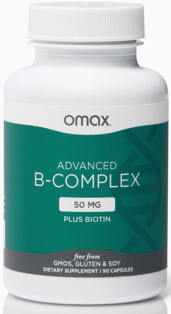 Omax3 avansert vitamin B-kompleks 50MG med biotin | Sterkt og skinnende hår, hud negler, støtte stress, immunitet, energimetabolisme, 90 kapsler