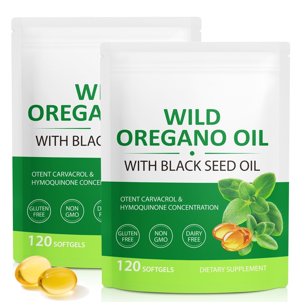 Olje av Oregano Softgels 6000mg, 2 i 1 Formulert med svart frøolje 200mg, immunstøtte, Oregano oljekapsler organisk, naturlig forsvarstilskudd, ikke-GMO, lett å svelge, 240 Softgels