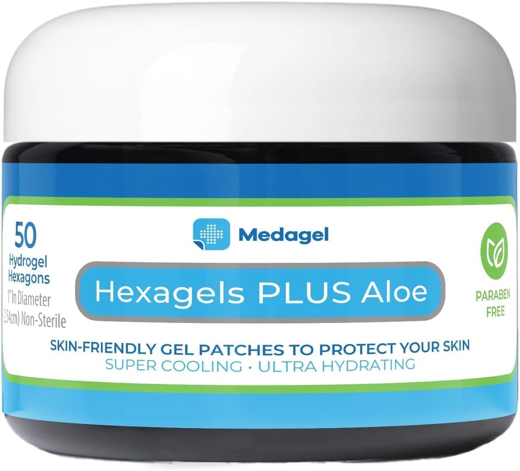 Hexagels Plus Aloe Vera - Avansert healing Hydrogel Pads for Blisterforebygging & Soothing Burn Care - Fot, Heel, Toe, & Ankle Beskyttelse, Pakke med 50, 1- tommers lapper, by Medagel, Paraben Free Formula