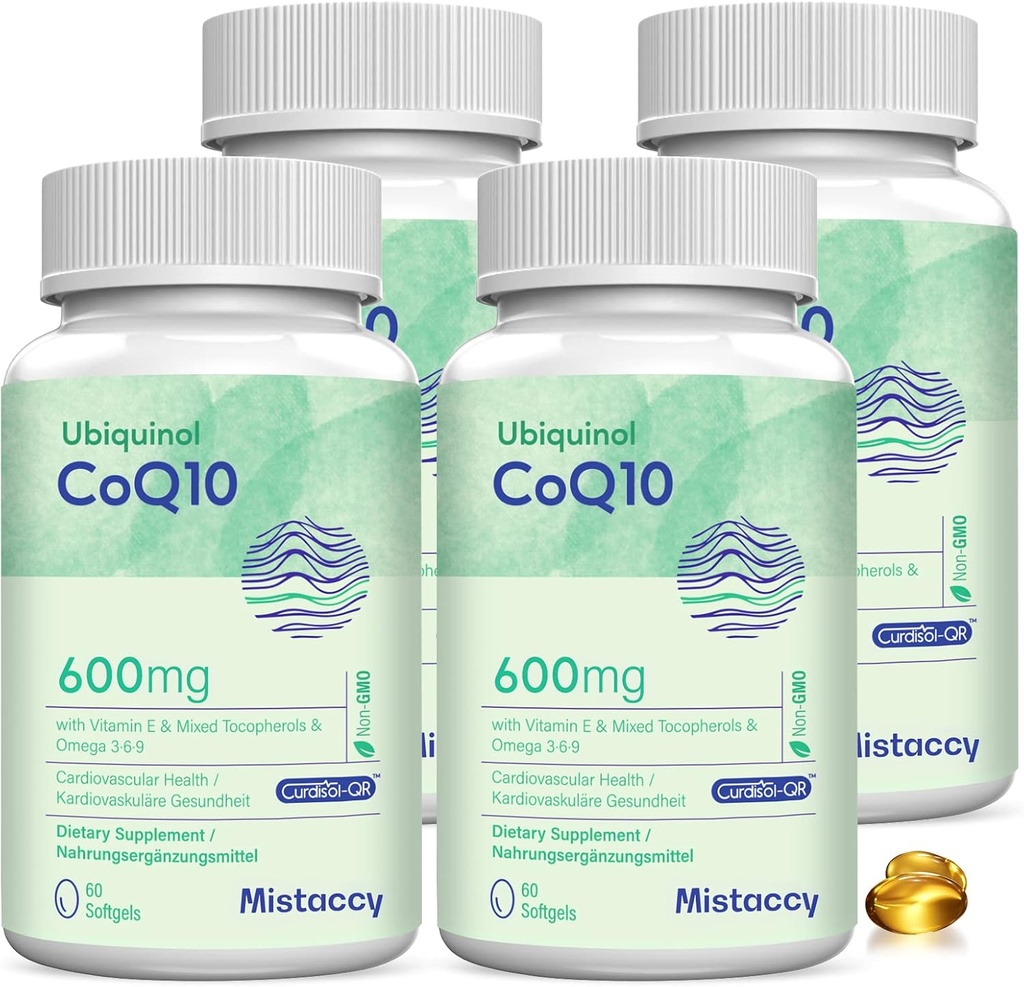 CoQ10 600mg Softgels | Høy absorpsjon CoQ10 Ubiquinol Supplement | Redusert skjema Forbedret med vitamin E & Omega 3 6 9 | Antioksidant Powerhouse Godt for Health® 240 Softgels