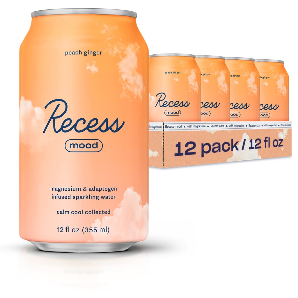 Recess Mood Magnesium & Adaptogen Drink, Relaxation Drink, 12 ounce (Peach Ginger, 12 pakke)