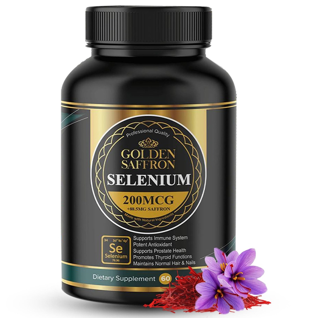 Golden Saffron Selenium (200mcg Selenium & 88,5 mg Saffron Extract) - til støtte generell helse, ikke-GMO, Glutenfri, Dairy Free, med unik og avansert formel - laget i USA og smakløs.