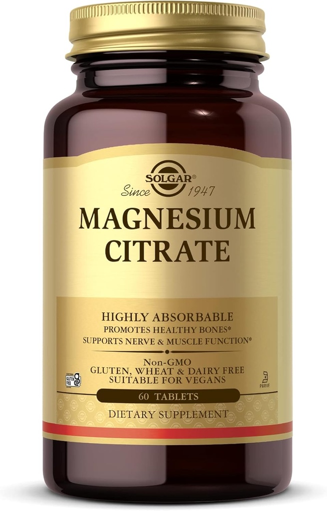 Solgar Magnesium Citrat - 60 Tabletter - fremmer sunne bein, støtter Nerve & Muskelfunksjon - svært absorberbar - Ikke-GMO, Vegansk, Glutenfri, Kosher - 30 Serveringer
