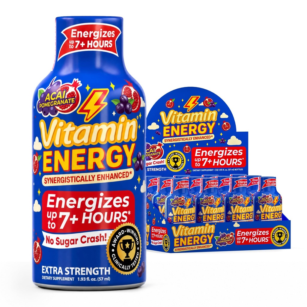 Vitamin energi B12 11 000% Extra styrke energi Shot Açaí Pomegranate 12 Pack, 260 mg naturlig koffein, B12 & B6, Nootropisk fokus, Vitalitet, Null sukker, Glutenfri, Vegan, Kosher, 1,93 fl oz