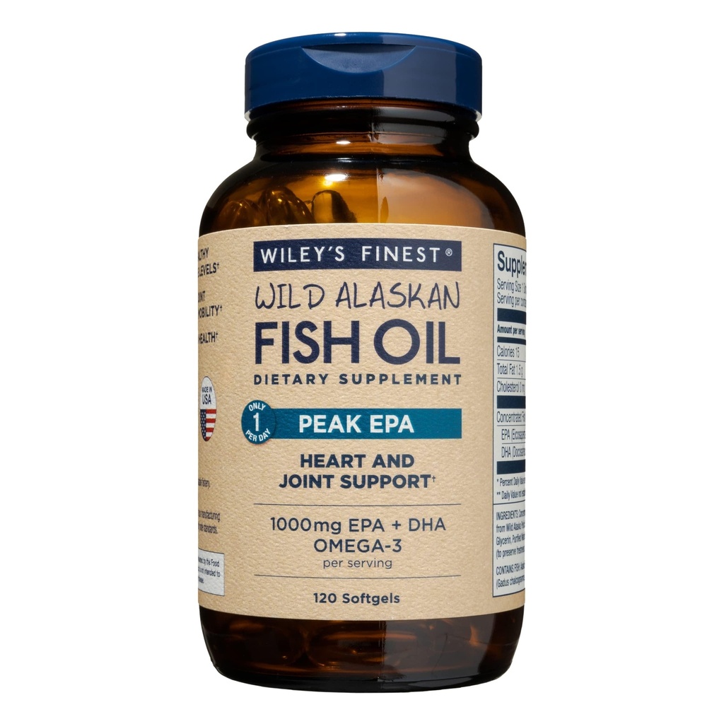 Wiley's Fineste Wild Alaskan Fish Oil Peak EPA - Triple Strength Peak EPA & DHA Supplement - 1000mg Fish Oil - Omega-3s for felles helsestøtte - 120 Softgels (120 Serveringer)