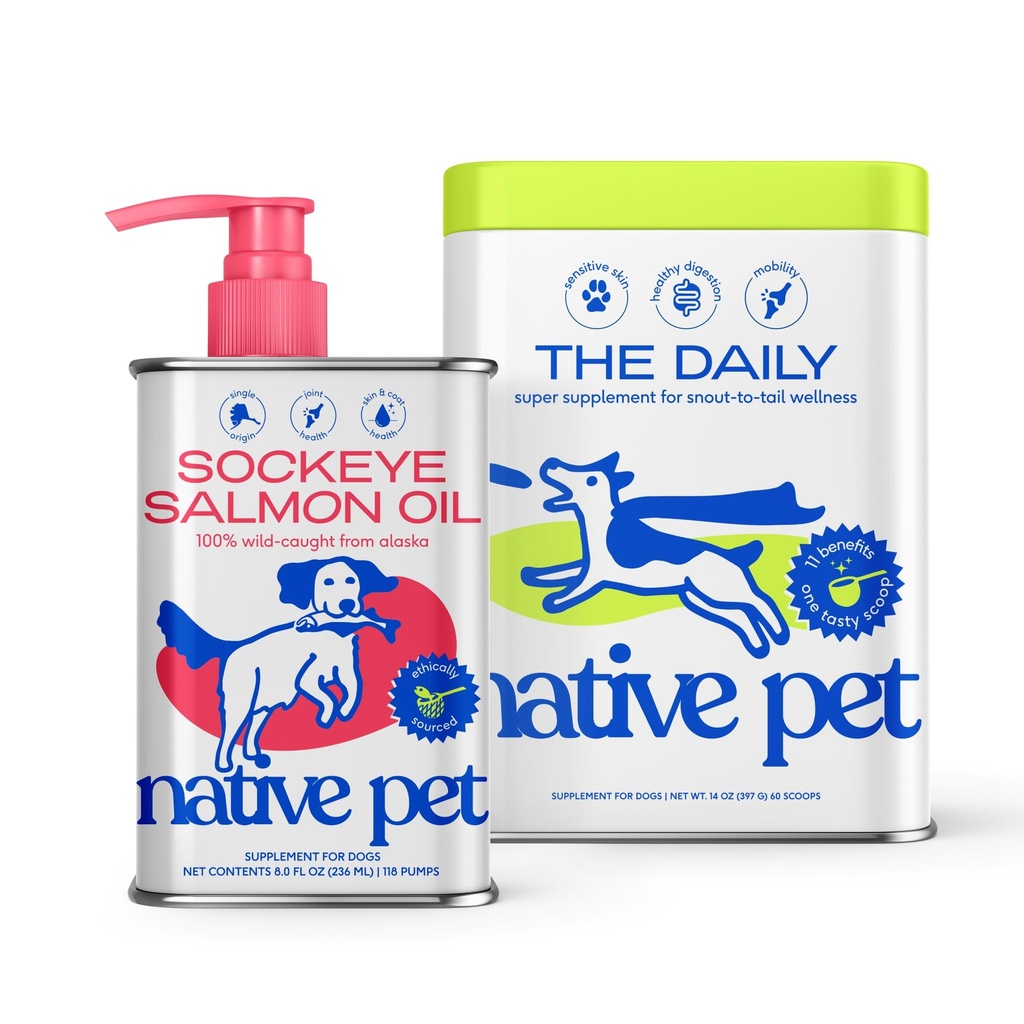 Native Pet Daily Dog Supplement (60 Scoops) & Salmon olje for hunder og katter (8 Oz) - 11 i 1 Multivitamin & ren Omega-3 Fish Oil Supplement for hud og coat, ledd, hjertehelse og anti-inflammatorisk