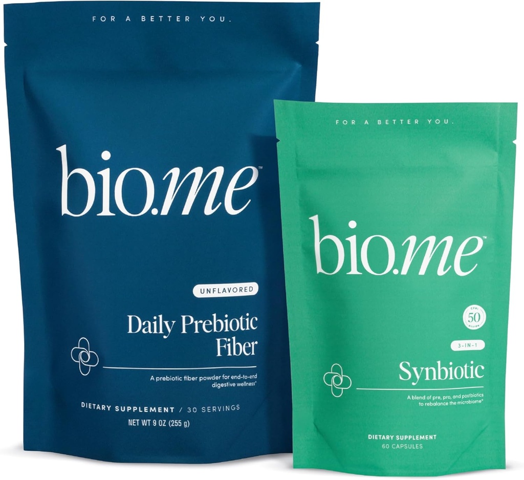 Bio.me Daily Prebiotic Fiber & Synbiotic Bundle - Fiber pulver for Digestive Helse & Bleating - Pre, Pro, Postbiotic for Gut Helse & Immune Support, Ikke-GMO, Glutenfri - 30 Services, 60 Kapsler
