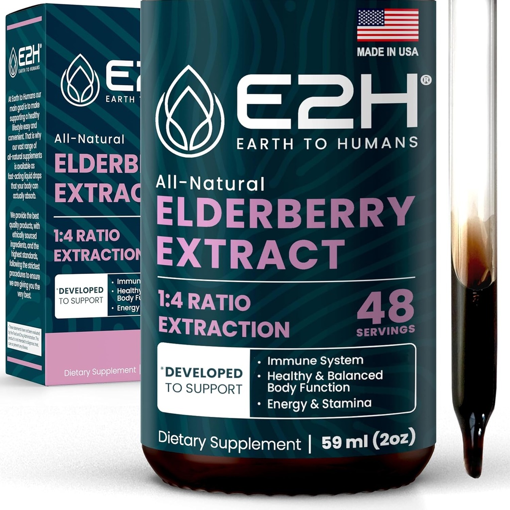 E2H Elderbær Syrup - Powerfulle antioksidanter Supplement fra organiske eldrebær ekstrakt - Sambucus Elderbær Syrup for barn og voksne for immunstøtte - Ikke-GMO, Vegan - 2 Fl Oz