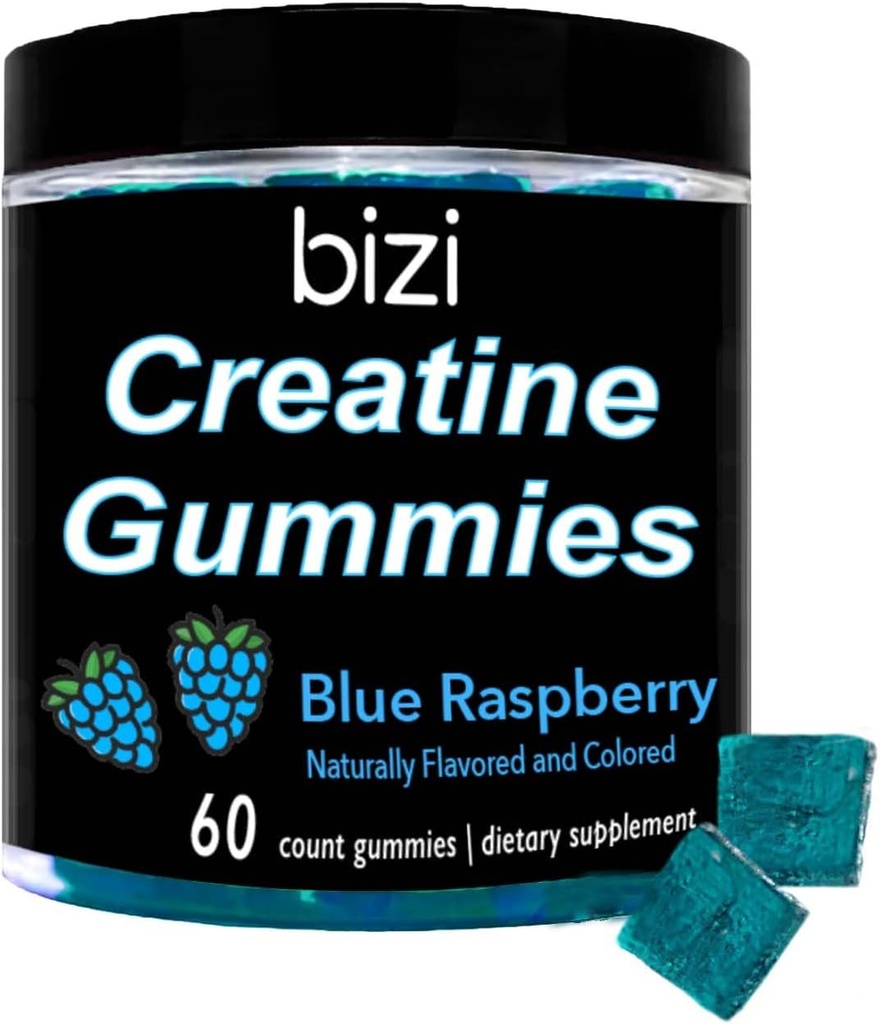 Bizi kreatin gummys for menn og kvinner - 1g kreatinin Monohydrat per gummy - vannmelon flavor - trening, muskelvekst og gjenoppretting supplement- Vegan & glutenfri (60 ct) (Blue Raspberry)
