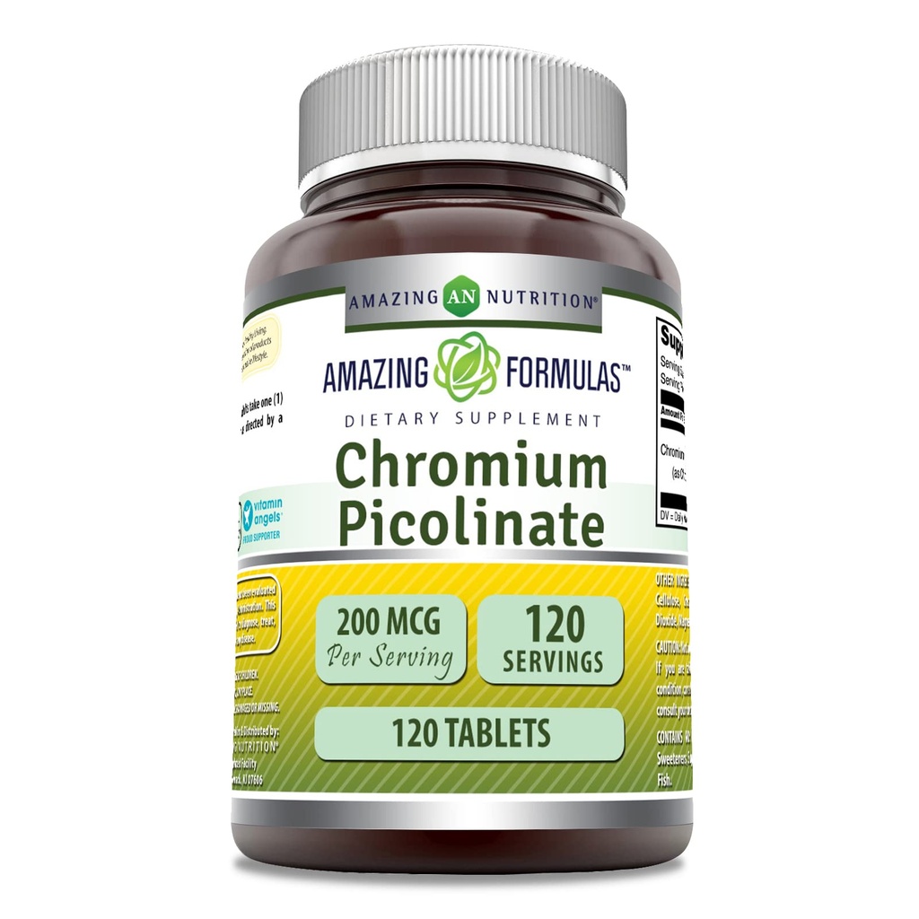 Amazing Formler Krom Picolinat Supplement | 200 Mcg Per Serving | Tabletter | Ikke-GMO | Glutenfri | Laget i USA (120 greve)