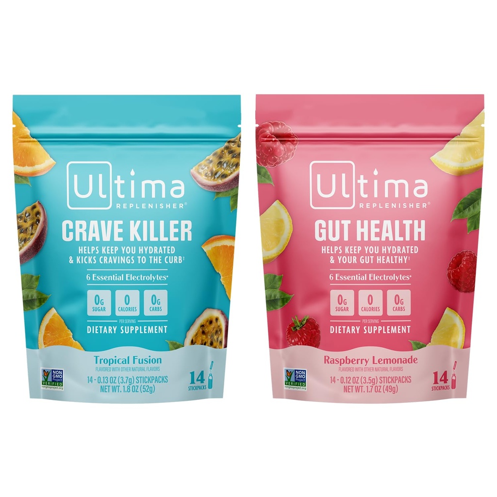 Ultima Replenisher Electrolyte Powder Drink Blande Bundle – Sukkerfri – Crave Killer og Gut Helse, 14 Stickpacks – 6 Elektrolytter og Mineraler – Keto Vennlig, Vegansk, Ikke-GMO
