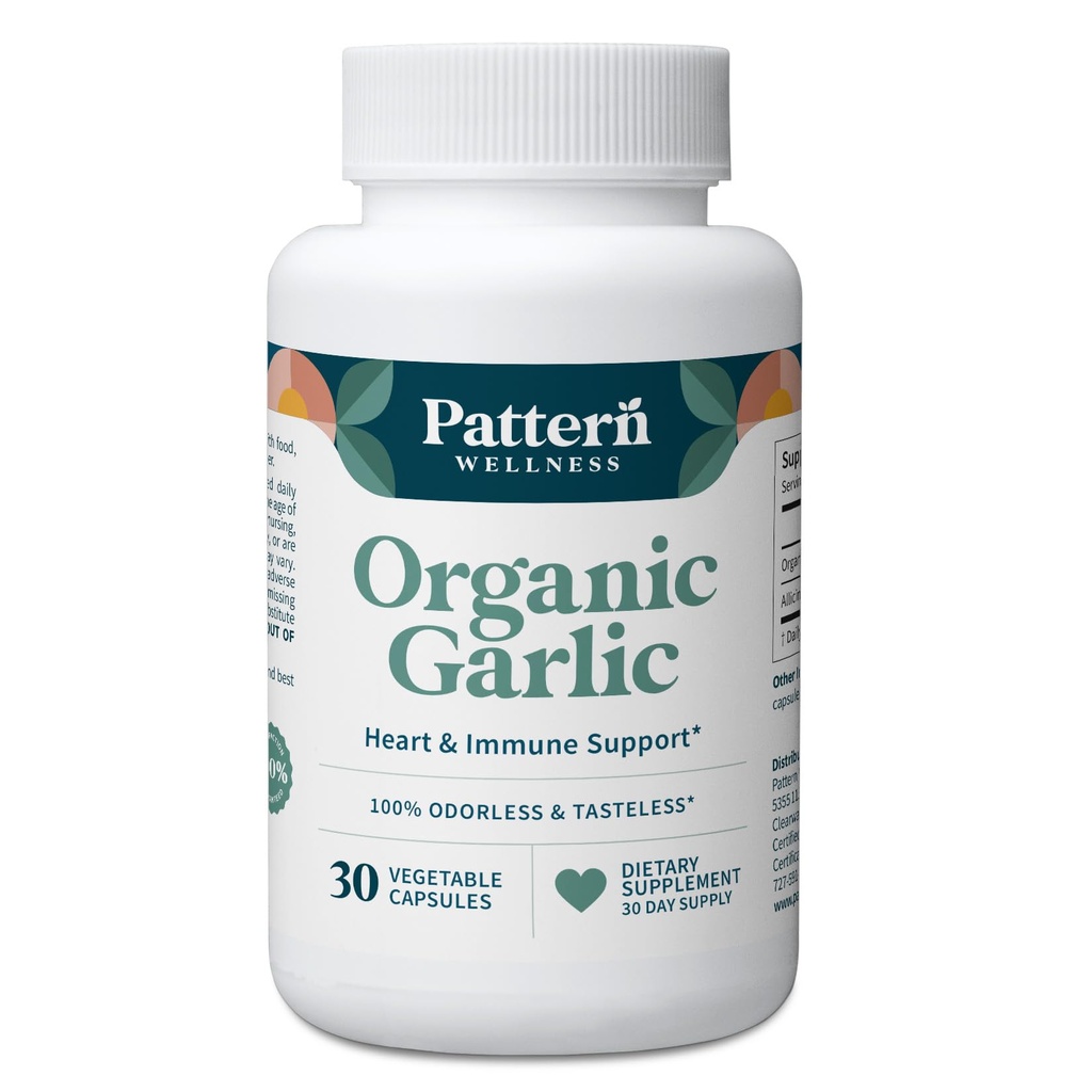 Mønster Velvære Odorless organisk hvitløk – 1000 mg – Immune, sirkulerende og hjerte helse støtte – ikke-GMO & Glutenfri – 30 Vegan Kapsler