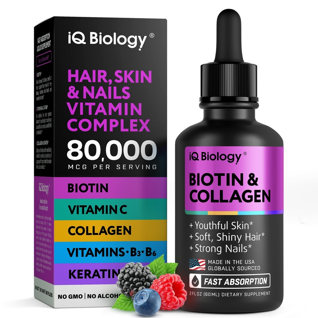 Væske Biotin for hårvekst, hud og negler - 80.000 mHir vitaminer faller - Ekstra styrke Biotin 5000mcg, kollagen, keratin med hyaluronsyre - Multivitamin Supplement for kvinner og menn - 2 fl oz