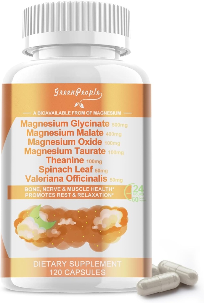Magnesium Glycinate 500 mg per servering, med malat, taurat og oksyd, Magnesium Supplement for Muskel, Bein, Sleep og Digestion Support, 120 Vegan Kapsler, Ikke-GMO