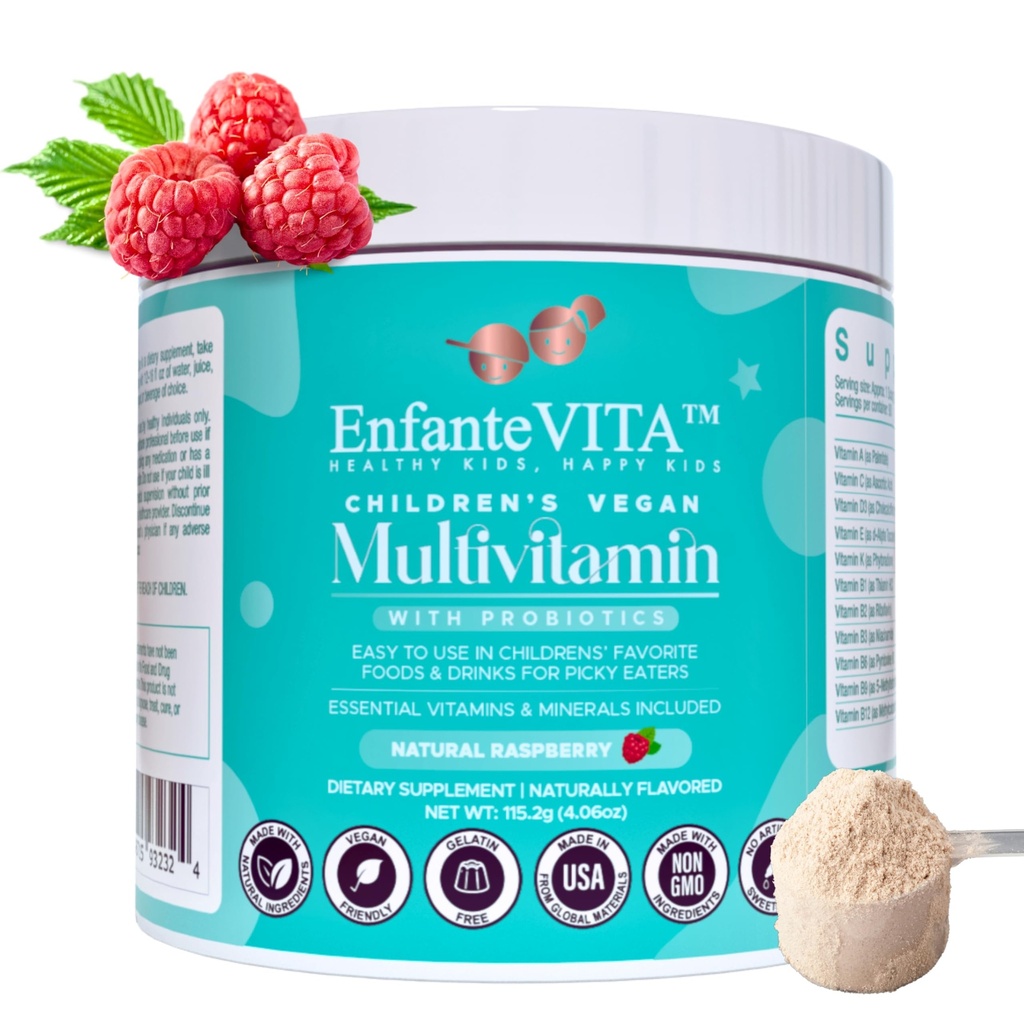 Alt i ett barn vitaminer, 90 dagers forsyning, pulver multivitamin med probiotika, immunstøtte, gut helse, vegan D3, sukkerfri, ikke GMO, naturlig flavor, lege formet, daglig ernæring