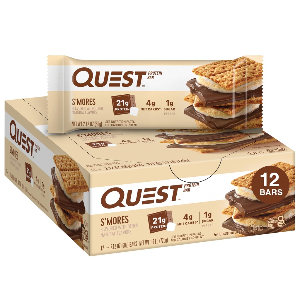 Quest Nutrition S'mores Protein Bars, 21g Protein, 1g Sukker, 4g Net Carb, Glutenfri, Keto Vennlig, 12 Count
