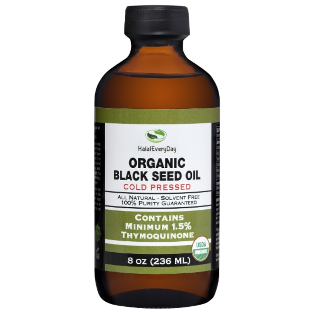 Organisk svart frøolje - USDA Certified Cold Pressed Glassflaske Over 1,5% Thymoquinon 3X styrke tyrkisk svart cumin Nigella Sativa ikke-GMO 100% ren svartfrøolje (8oz glassflaske)