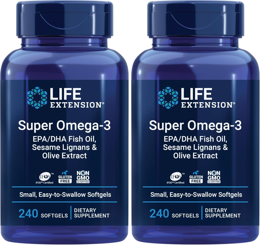 Livsforlengelse Super Omega-3 EPA / DHA Fish Oil, Sesame Lignans & Olive Extract - hjerte, hjerne, betent helsestøtte, Glutenfri, lett å svelge, ikke-GMO, 240 Softgels (Pack of 2)