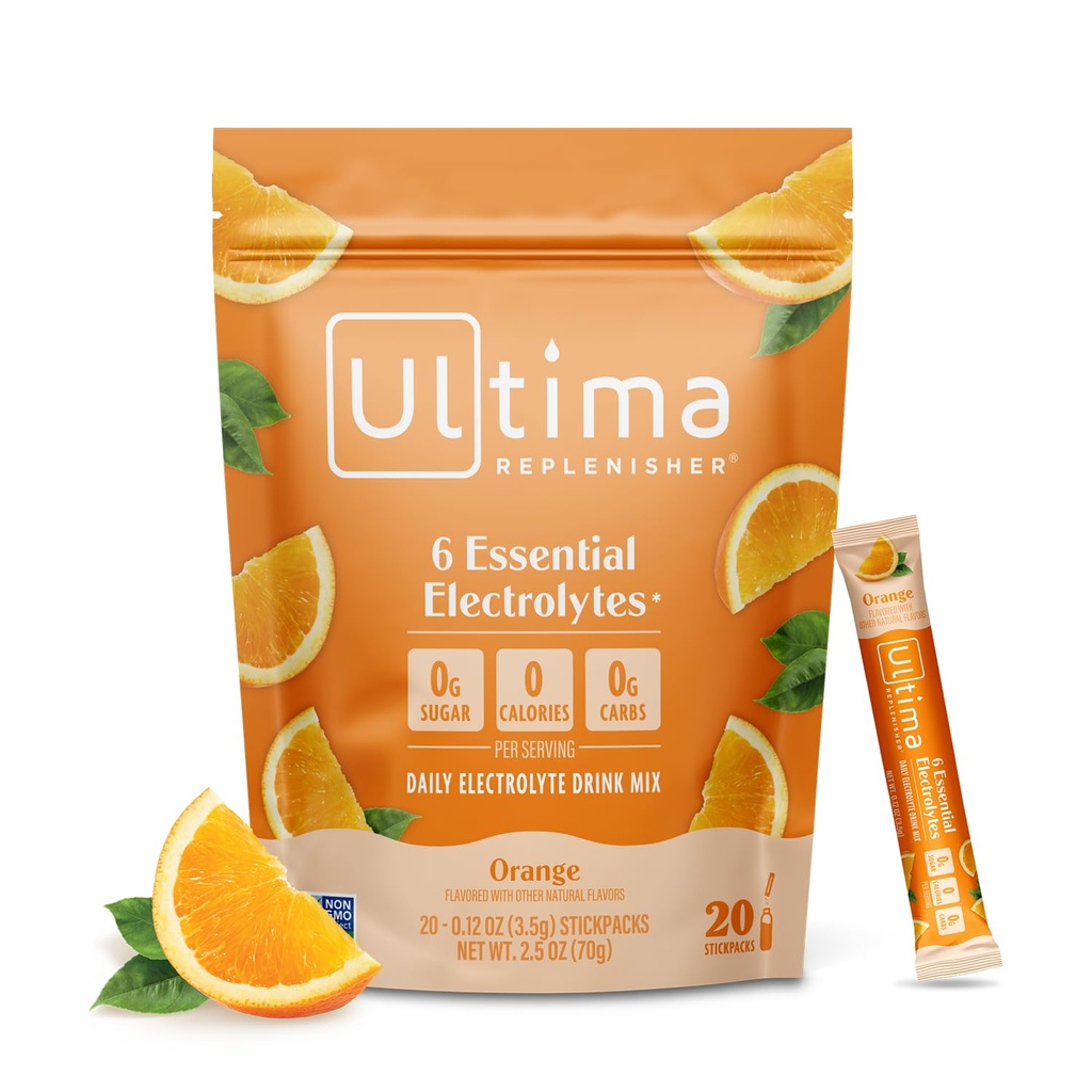 Ultima Replenisher Daily Electrolyte Powder Drink Mix – Sugerfri – Orange, 20 Stickpacks – Hydration Packets med 6 Nøkkelelektrolytter og spormineraler – Keto vennlige, vegansk, ikke-GMO