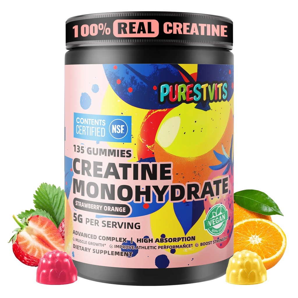 NSF Certified Kreatin Gummy 5g - Kreatin Monohydrat Gummies - Forarbeid energi og muskelvekst støtte for menn og kvinner | Jordbær Orange Electrolyte Gummies (135 Count)