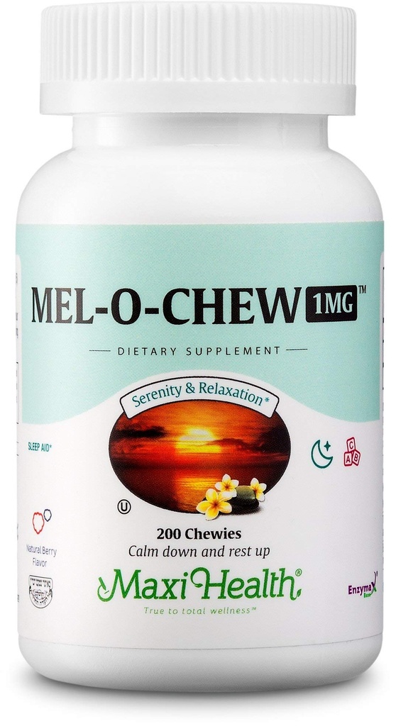 Maxi Helse 1mg Melatonin Chewables – voksne og barn Melatonin for å oppmuntre til naturlig søvn – ikke-habitdannende Kosher Sleep Supplement med Enzymax for rask aksjonell støtte (200 enheter)