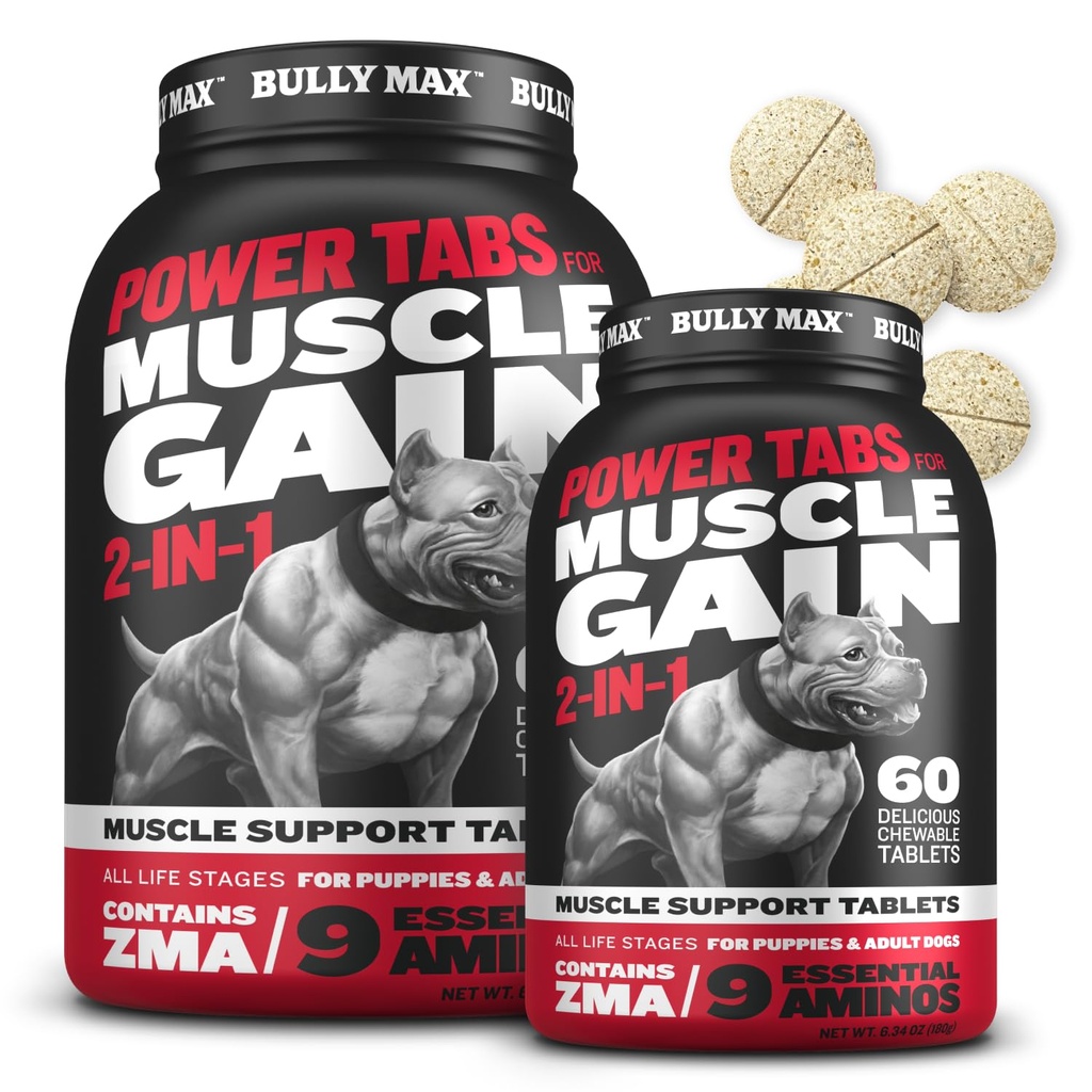 Bully Max 2-i-1 Muscle Builder Chewable Tabletter for valper og voksne hunder - Hunde vitaminer og kosttilskudd for muskel gevinst og vekst - Canine Puppy Multivitaminer for alle avler og aldre - 60 tabs (2 flasker)