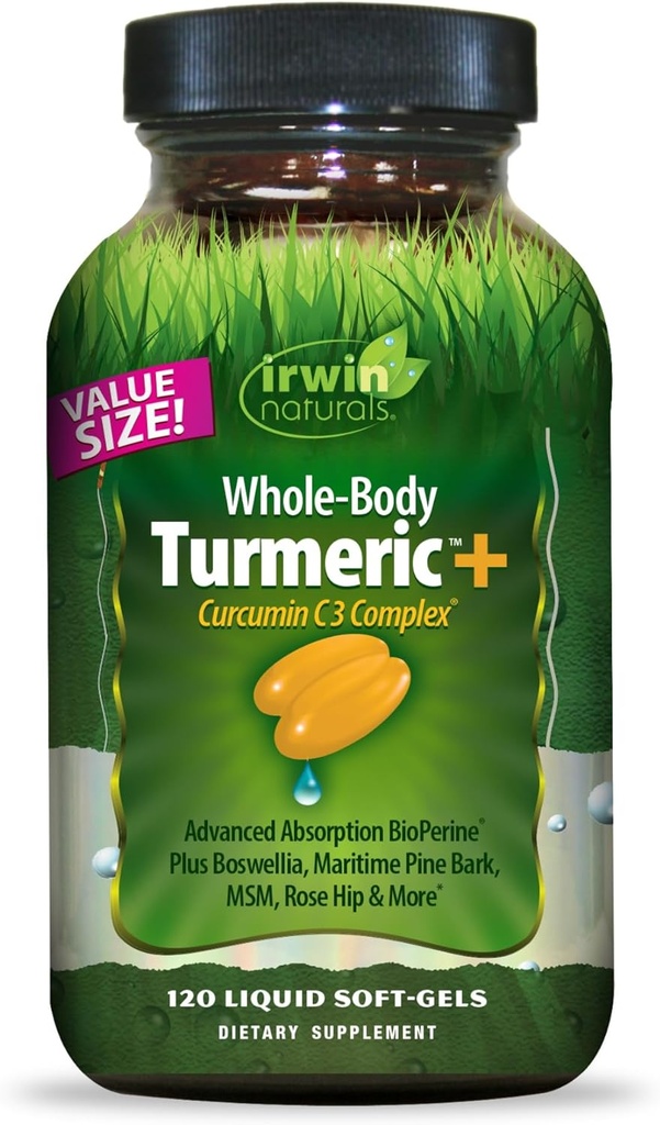 Irwin Naturals Hele-Body Turmeric + Curcumin C3 Complex - 120 Flytende Soft-Gels - med Boswellia, Maritime Pine Bark, MSM & Rose Hip