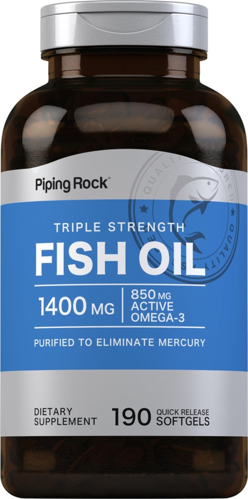 Piping Rock Fish Oil Omega 3 Supplement |190 Softgels | For kvinner og menn | Trippelstyrke | med EPA & DHA | Ikke-GMO & Glutenfri