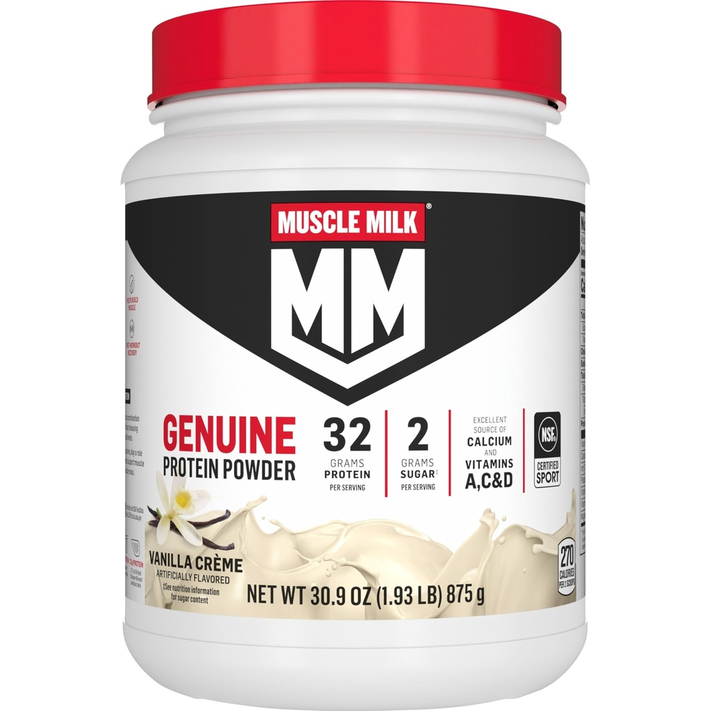 Muskelmelk ekte protein pulver, vanilla crème, 1,93 pund, 12 serveringer, 32 g protein, 2g sukker, kalsium, vitaminer A, C & D, NSF-sertifisert for idrett, energiisering snack, emballasje May Vary
