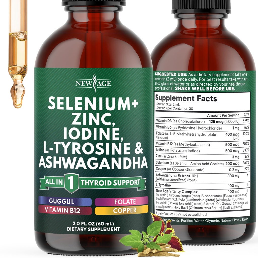 Thyroid Support Drops - Selenium, Sink, Iodin, L Tyrosin, Ashwagandha, Turmeric, Schisandra Guggu, Cayenne, Basil - Flytende Supplement Folate Kobberalkohol -Gratis, Vegan, Ikke-GMO – 2 oz