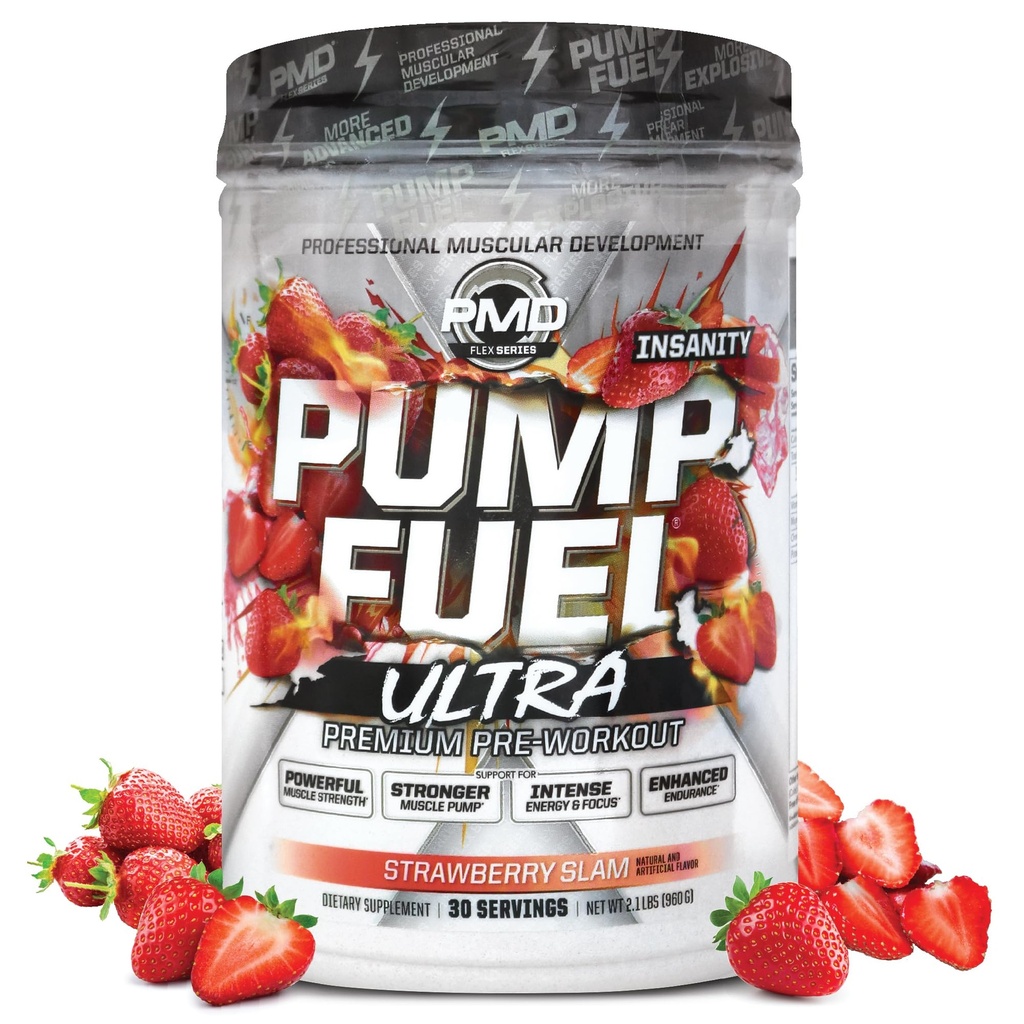 PMD Sportspumpe drivstoff Ultra Insanity - Premium Pre Workout pulver og muskelpumpe, større fokus, utholdenhet og gjenoppretting, Premium kreatin, Arginine & Beta Alanine - Strawberry Slam (30 Serveringer)